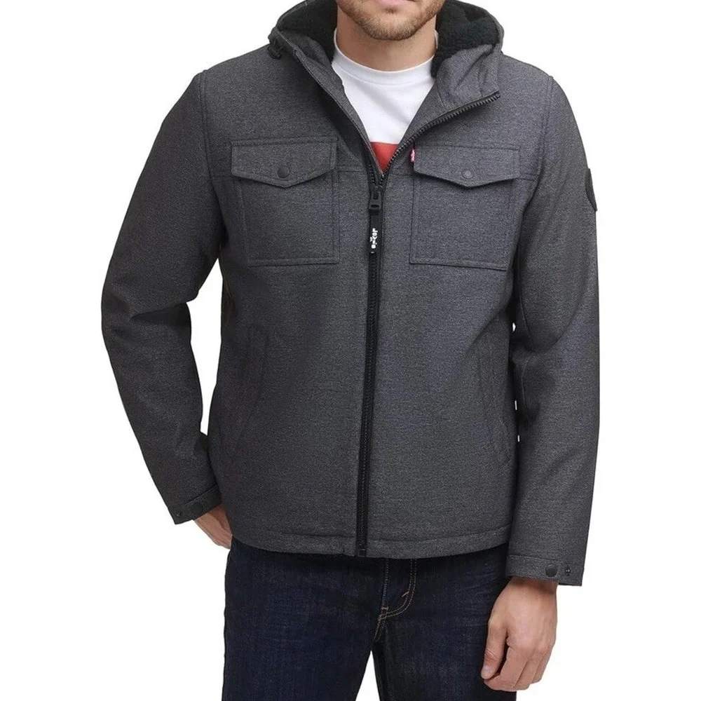 Levi's Men's Soft Shell Hooded Storm Coat Graphite‎ Heather Sherpa XX Large NWOT